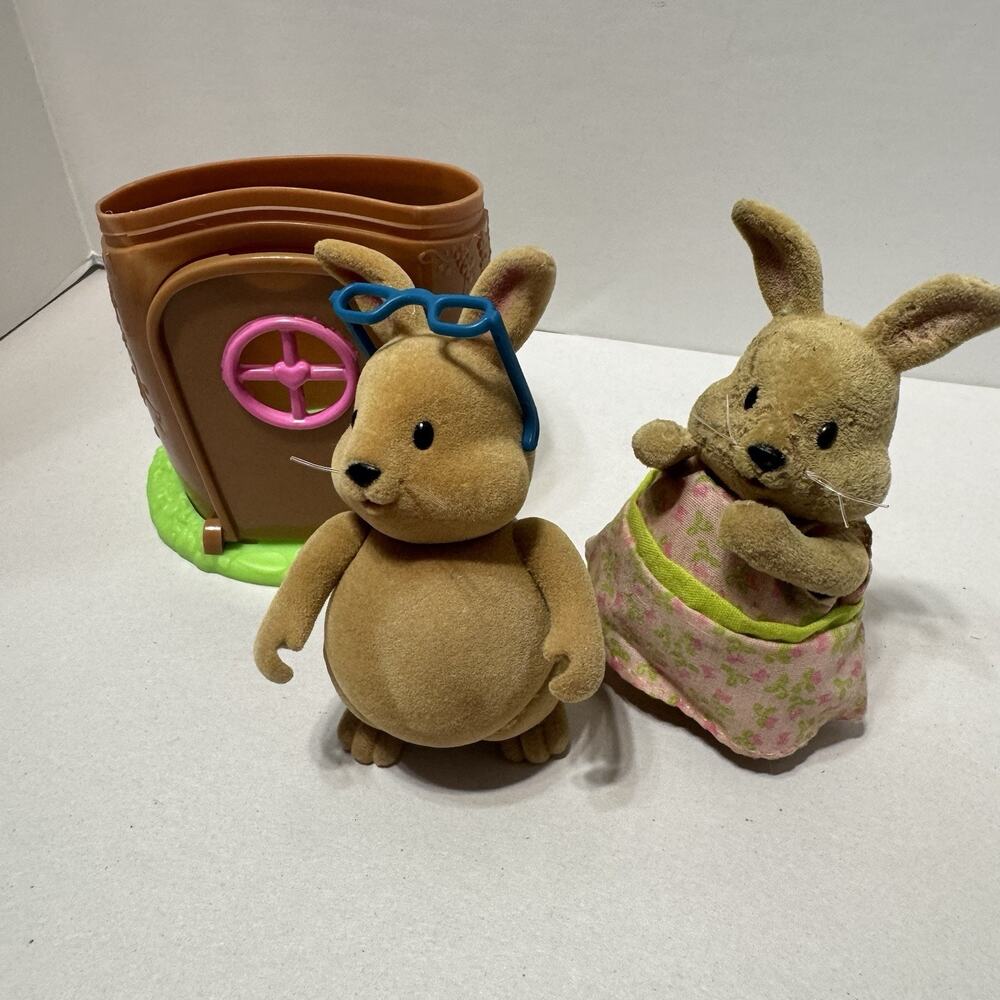 Lil Woodzeez Tree‎ House & Rabbit Mother & Father Lot Flocked Cottonball